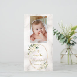 Elegante Witte Bloemen Gouden Kruis Foto Doop Bedankkaart