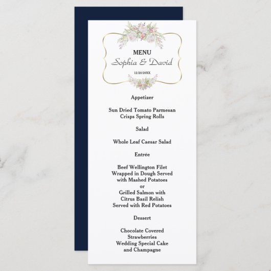 Elegante witte bloemen gouden lijst bruiloftsmenu menu (Voorkant / Achterkant)