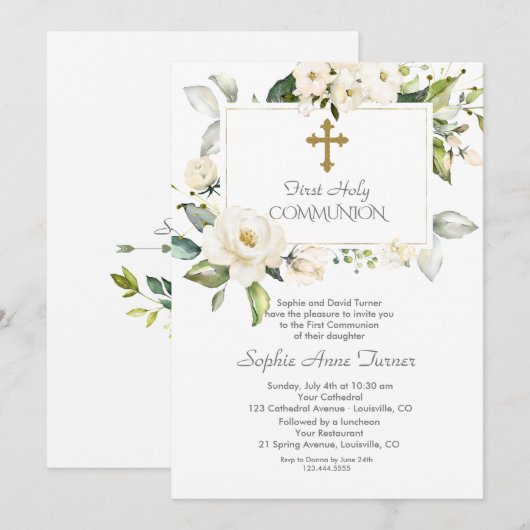 Elegante Witte Bloemen Gouden Meisje Heilige Commu Kaart (Voorkant / Achterkant)