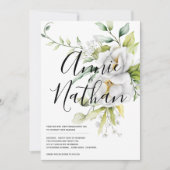 Elegante witte bloemen groen laat script bruiloft kaart (Voorkant)