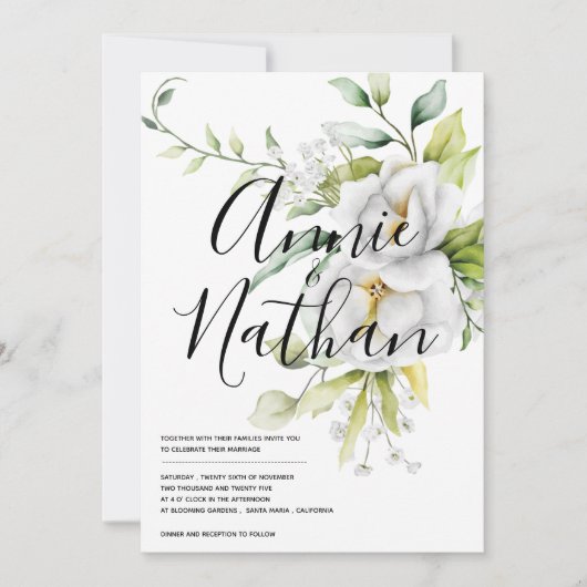 Elegante witte bloemen groen laat script bruiloft kaart (Voorkant)