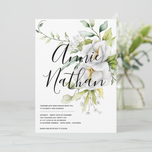 Elegante witte bloemen groen laat script bruiloft kaart (Staand voorkant)