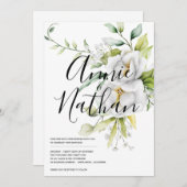 Elegante witte bloemen groen laat script bruiloft kaart (Voorkant / Achterkant)