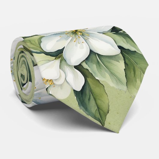 Elegante Witte Bloemen Groene Bruidegom Trouwdag Stropdas (Opgerold)