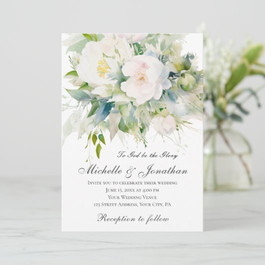 Elegante Witte Bloemen Groene Christelijke Bruilof Kaart (Staand voorkant)