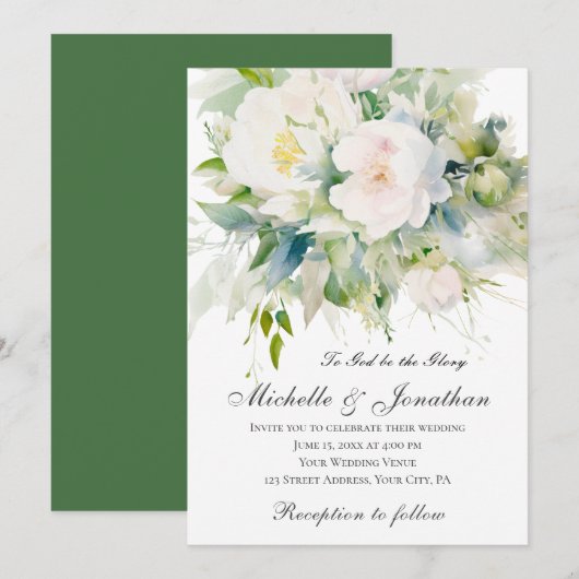 Elegante Witte Bloemen Groene Christelijke Bruilof Kaart (Voorkant / Achterkant)