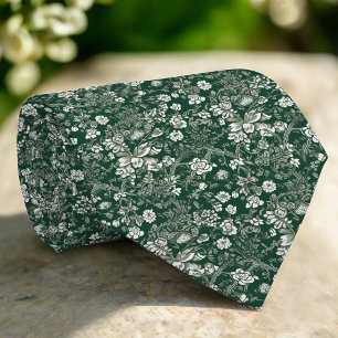 Elegante Witte Bloemen Groene Patroon Wedding Stropdas