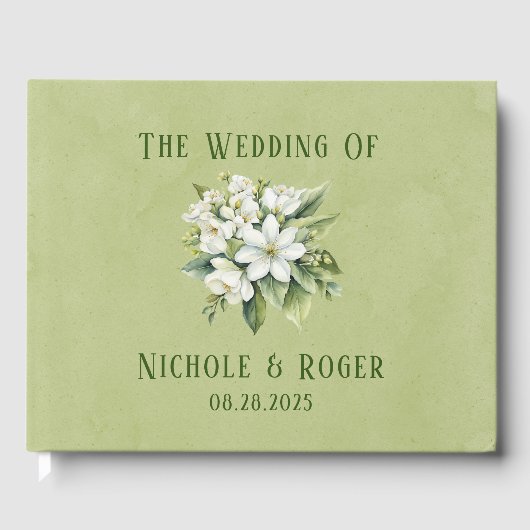 Elegante witte bloemen groene Waterverven bruiloft Gastenboek (Voorkant)