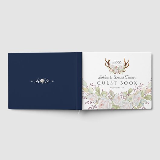 Elegante Witte Bloemen Herten Gehoorn Monogram Bru Gastenboek (Volledig)