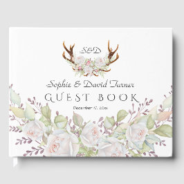 Elegante Witte Bloemen Herten Gehoorn Monogram Bru Gastenboek