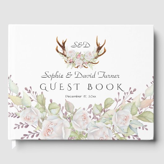 Elegante Witte Bloemen Herten Gehoorn Monogram Bru Gastenboek (Voorkant)