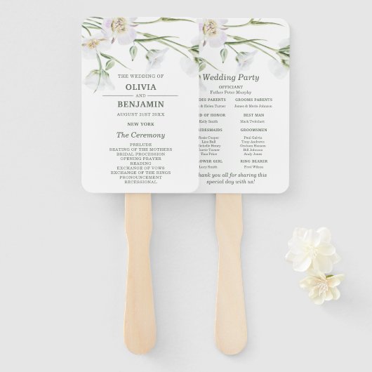 Elegante witte bloemen | Huwelijksfanprogramma Handwaaier (Voorkant en achterkant)