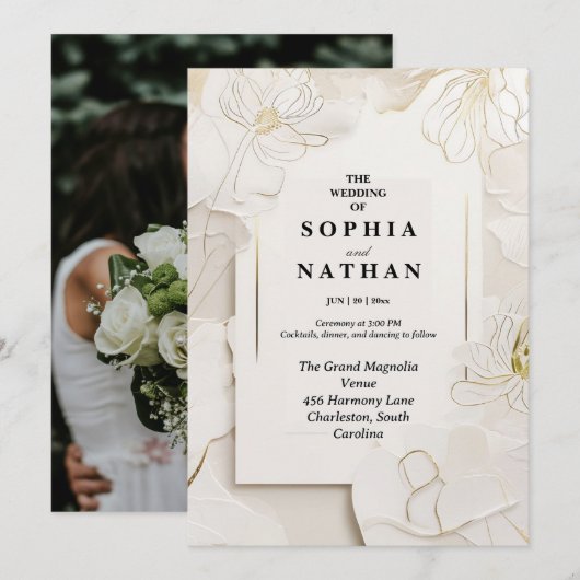 Elegante Witte Bloemen Huwelijksuitnodiging | aanp Kaart (Voorkant / Achterkant)