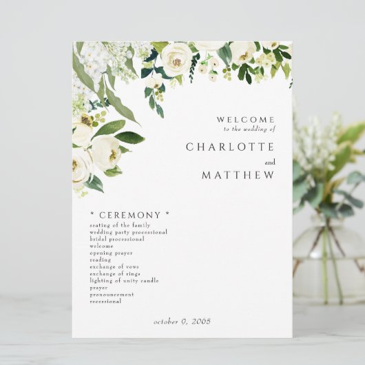 Elegante Witte Bloemen II Trouwprogramma Programmakaart (Staand voorkant)