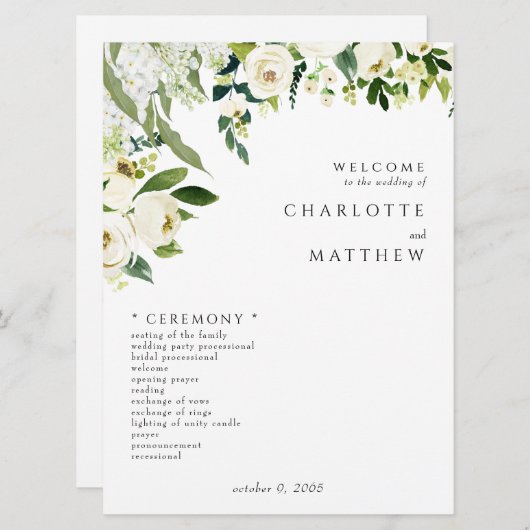 Elegante Witte Bloemen II Trouwprogramma Programmakaart (Voorkant / Achterkant)