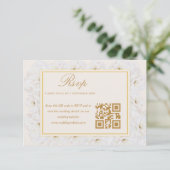 Elegante Witte Bloemen Ivory Goud QR RSVP (Staand voorkant)