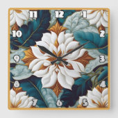 Elegante witte bloemen met Blauwgroen bladeren in  Vierkante Klok (Voorkant)