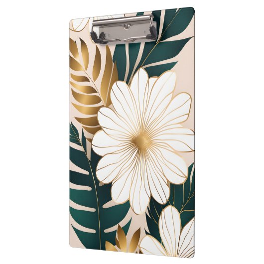 Elegante witte bloemen met groen en goud gebladert klembord (Links)