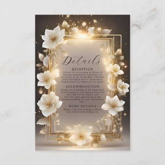Elegante witte bloemen met lampjes Details Informatiekaartje (Voorkant)