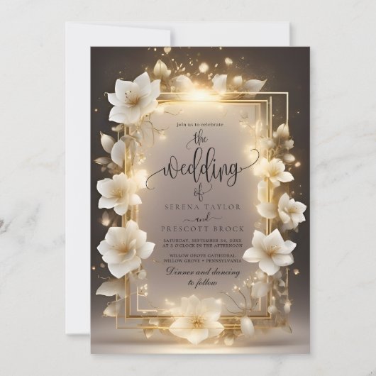 Elegante witte bloemen met lichten bruiloft kaart (Voorkant)