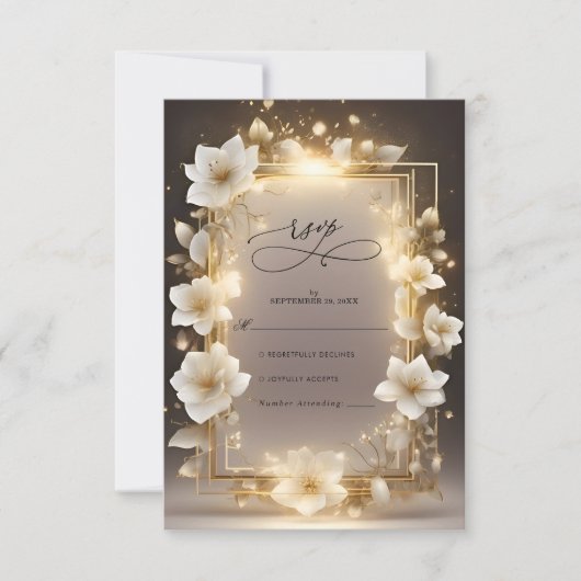 Elegante witte bloemen met lichten bruiloft RSVP kaartje (Voorkant)