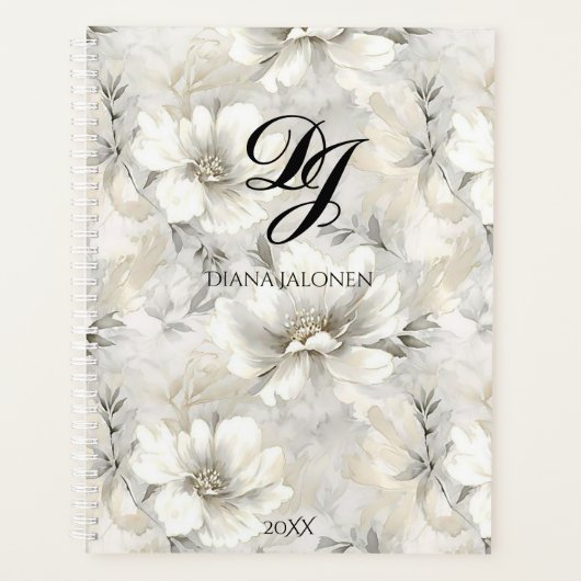 Elegante Witte Bloemen Monogram Gepersonaliseerde Planner (Voorkant)