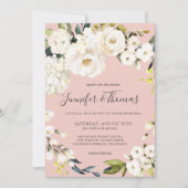 Elegante witte bloemen op blush roze bruiloft kaart (Voorkant)