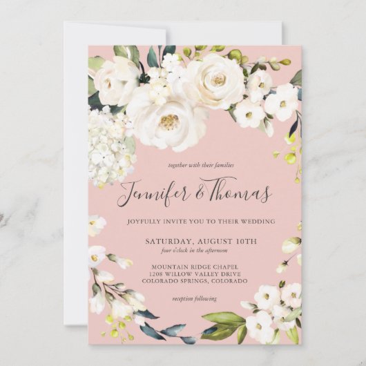 Elegante witte bloemen op blush roze bruiloft kaart (Voorkant)