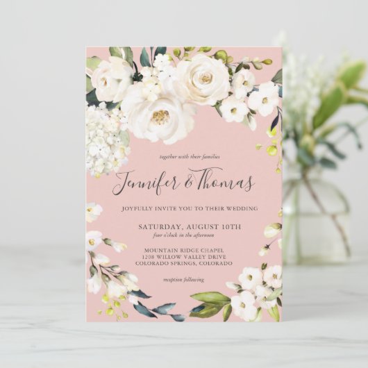 Elegante witte bloemen op blush roze bruiloft kaart (Staand voorkant)