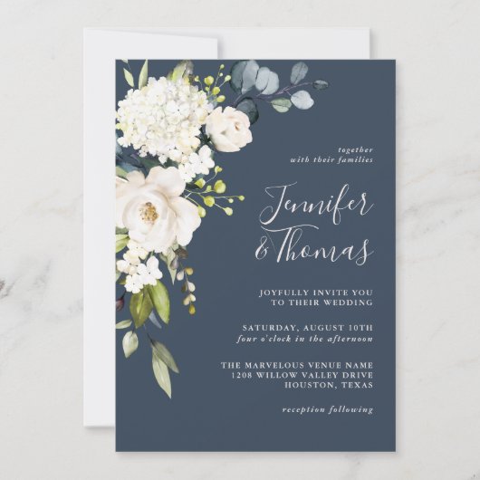 Elegante witte bloemen op marineblauwe bruiloft kaart (Voorkant)