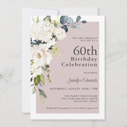 Elegante witte bloemen op Mauve 60e verjaardag Kaart (Voorkant)