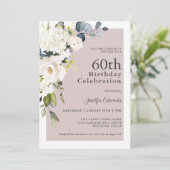 Elegante witte bloemen op Mauve 60e verjaardag Kaart (Staand voorkant)