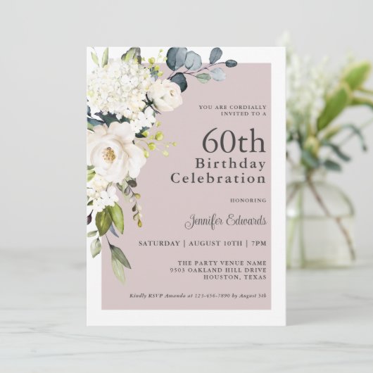 Elegante witte bloemen op Mauve 60e verjaardag Kaart (Staand voorkant)