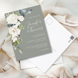 Elegante Witte Bloemen op Sage Groene Bruiloft Briefkaart