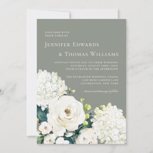 Elegante Witte Bloemen op Sage Groene Bruiloft Kaart (Voorkant)