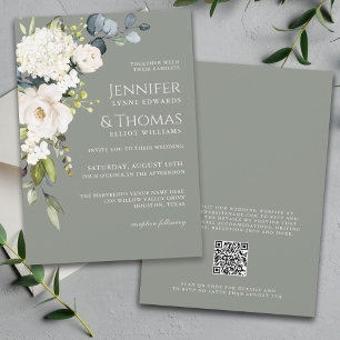 Elegante Witte Bloemen op Sage Groene Bruiloft Kaart