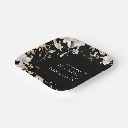 Elegante witte bloemen op zwart bruiloft bijbel ve papieren bordje (Gebogen)