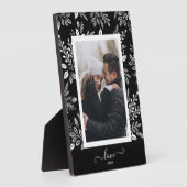 Elegante witte bloemen op zwart esdoornhouten foto fotoplaat (Zijkant)