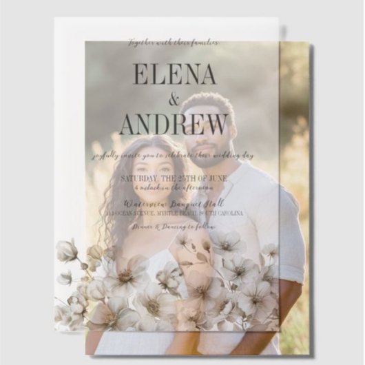 Elegante witte bloemen overlay bruiloft vellum uitnodigingen