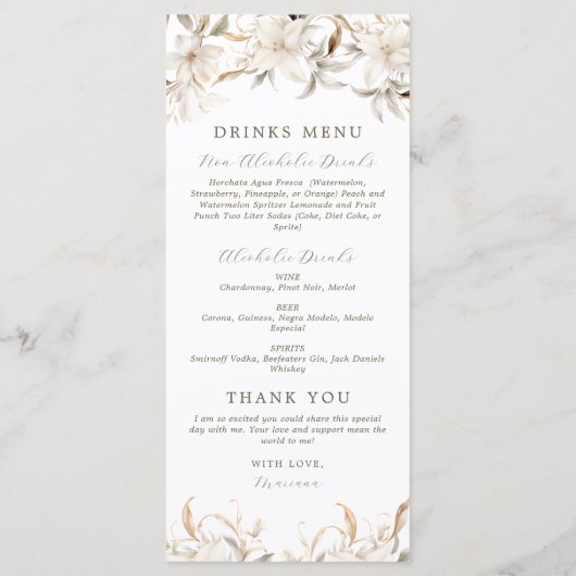 Elegante Witte Bloemen Quinceanera Voedsel Drinken Menu (Achterkant)