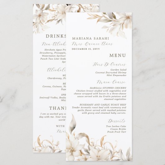 Elegante Witte Bloemen Quinceanera Voedsel Drinken Menu (Voorkant / Achterkant)