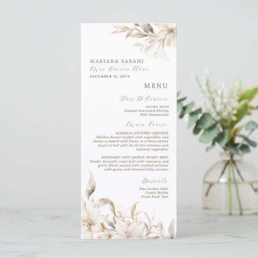 Elegante Witte Bloemen Quinceanera Voedsel Drinken Menu (Staand voorkant)