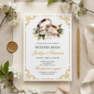 Elegante Witte Bloemen Ring Spaanse Bruiloft Kaart