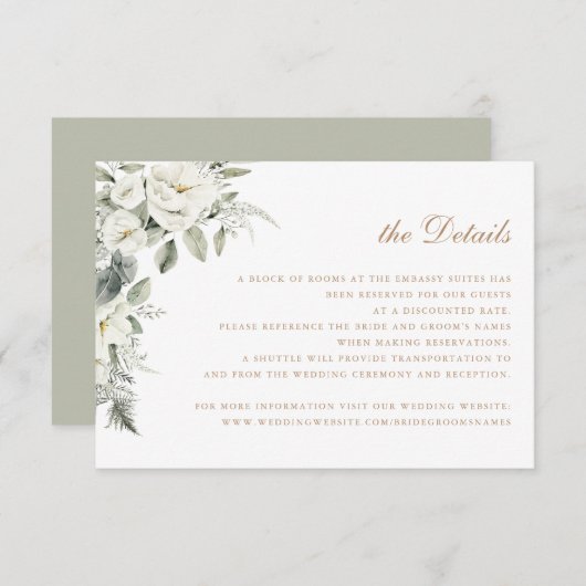 Elegante witte bloemen salie groene bruiloft detai kaart (Voorkant / Achterkant)