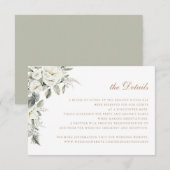 Elegante witte bloemen saliegroene trouwdetails kaart (Voorkant / Achterkant)