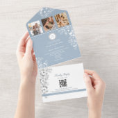 Elegante witte bloemen stoffige blauwe bruiloft all in one uitnodiging (Afscheurbaar)