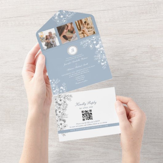 Elegante witte bloemen stoffige blauwe bruiloft all in one uitnodiging (Afscheurbaar)