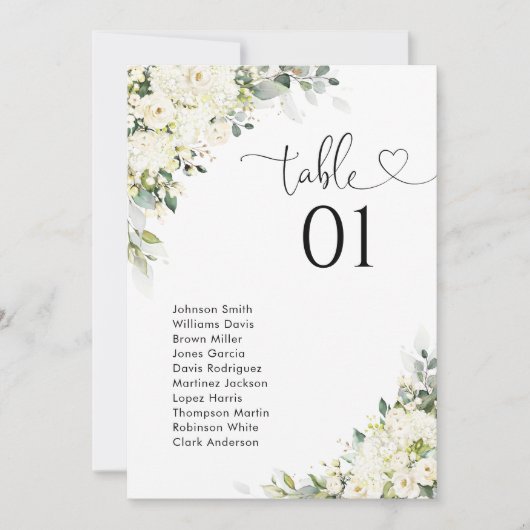 Elegante witte bloemen tafelnummer zitplaatsindeli (Voorkant)
