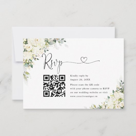 Elegante Witte Bloemen Trouwwebsite QR Code RSVP Kaartje (Voorkant)