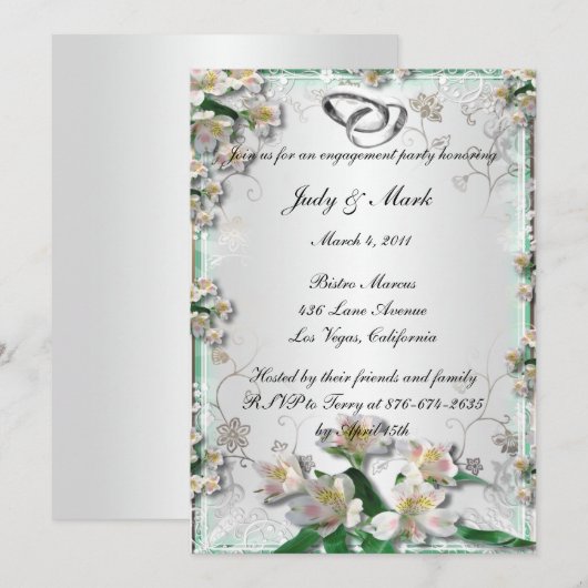 Elegante Witte Bloemen Verlovingsfeestuitnodiging Kaart (Voorkant / Achterkant)